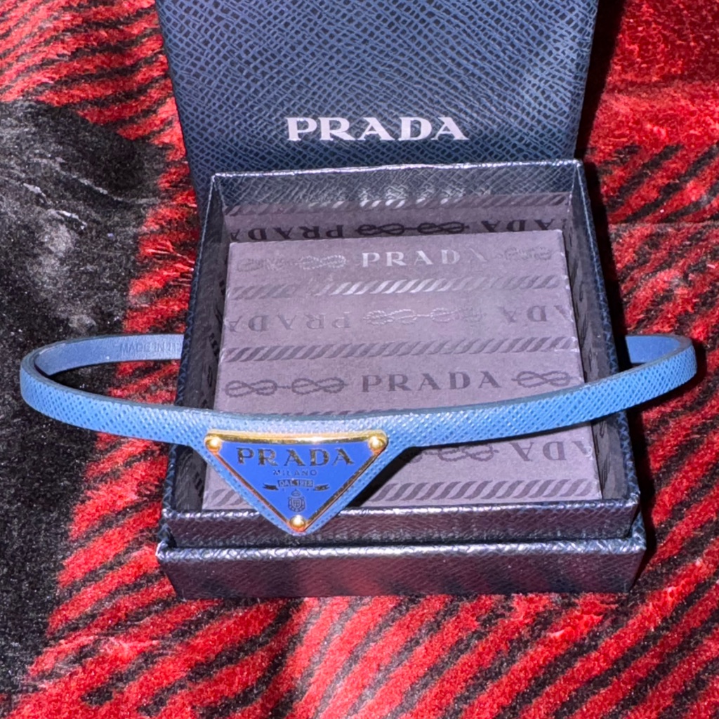 Prada Navy Leather Neck Chocker With Gold Accent